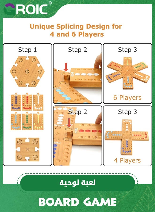 GROIC Marble Board Game,Jackaroo Board Game,Ludo Board Game, Fast Track Game,Wooden Board Game for 4 and 6 Players, Portable Original Marble Game with 24 Marbles 12 Dice for Family Friends Party Game - Image 2