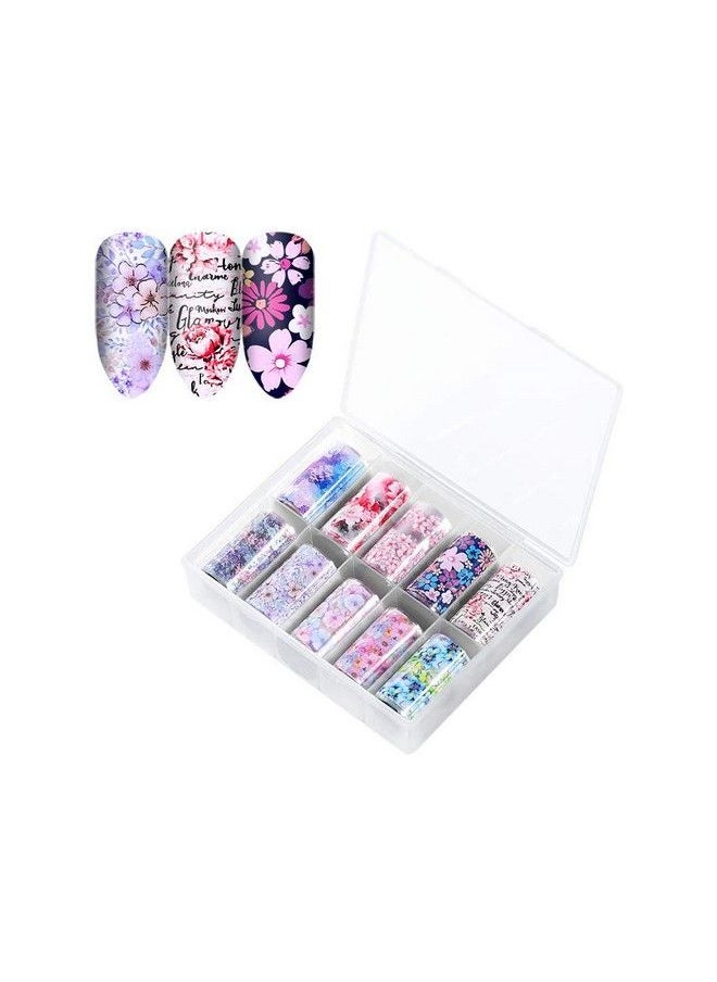 S.A.V.I 10 Rolls Nail Foil Transfer Sticker Diy Holographic Nail Decoration 10 Designs Laser Nail Foil Wraps Decal For Fingernails Women 4X100Cm Each Roll (3 Multicolored Flowers Text Patterns)  - Image 1