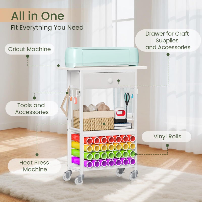 Snughome Craft Cart Compatible with Cricut Maker, Craft Organizers and Storage Table for Cricut Cart with Wheels, Drawer and 28 Vinyl Roll Holders, White, 23.6"(L) x 9.5"(D) x 31.7"(H) - Image 4