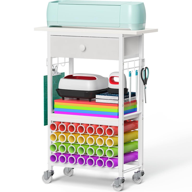 Snughome Craft Cart Compatible with Cricut Maker, Craft Organizers and Storage Table for Cricut Cart with Wheels, Drawer and 28 Vinyl Roll Holders, White, 23.6"(L) x 9.5"(D) x 31.7"(H) - Image 1