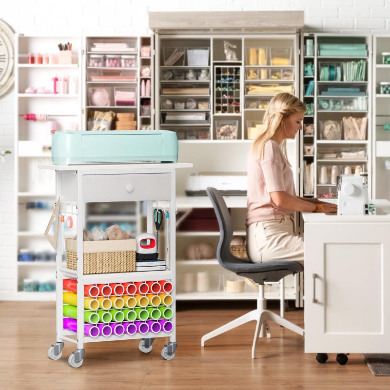 Snughome Craft Cart Compatible with Cricut Maker, Craft Organizers and Storage Table for Cricut Cart with Wheels, Drawer and 28 Vinyl Roll Holders, White, 23.6"(L) x 9.5"(D) x 31.7"(H) - Image 2