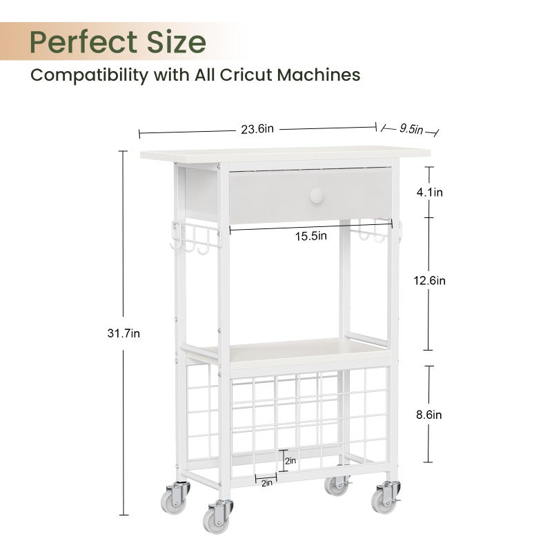 Snughome Craft Cart Compatible with Cricut Maker, Craft Organizers and Storage Table for Cricut Cart with Wheels, Drawer and 28 Vinyl Roll Holders, White, 23.6"(L) x 9.5"(D) x 31.7"(H) - Image 3