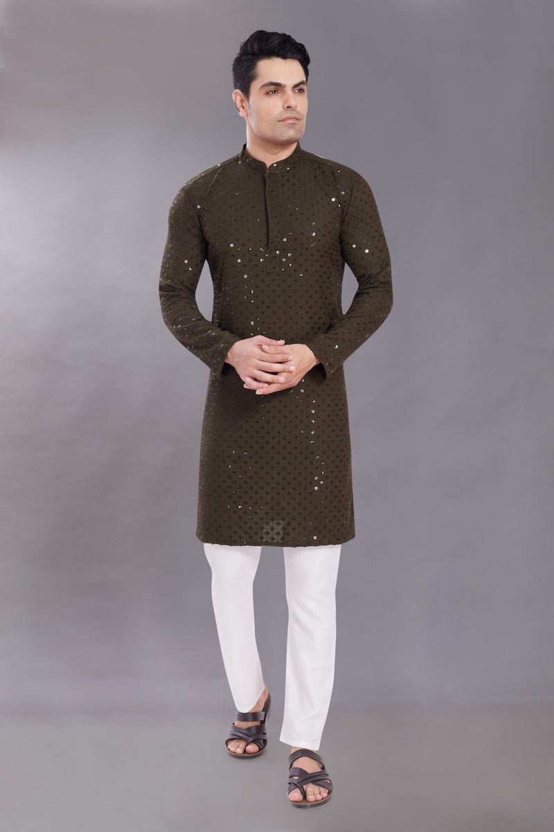 DIVISIVE Men's Sequince Embroidered Cotton Blend Only Slim Fit Kurta (DKRT524_M_Mehndi) - Image 3