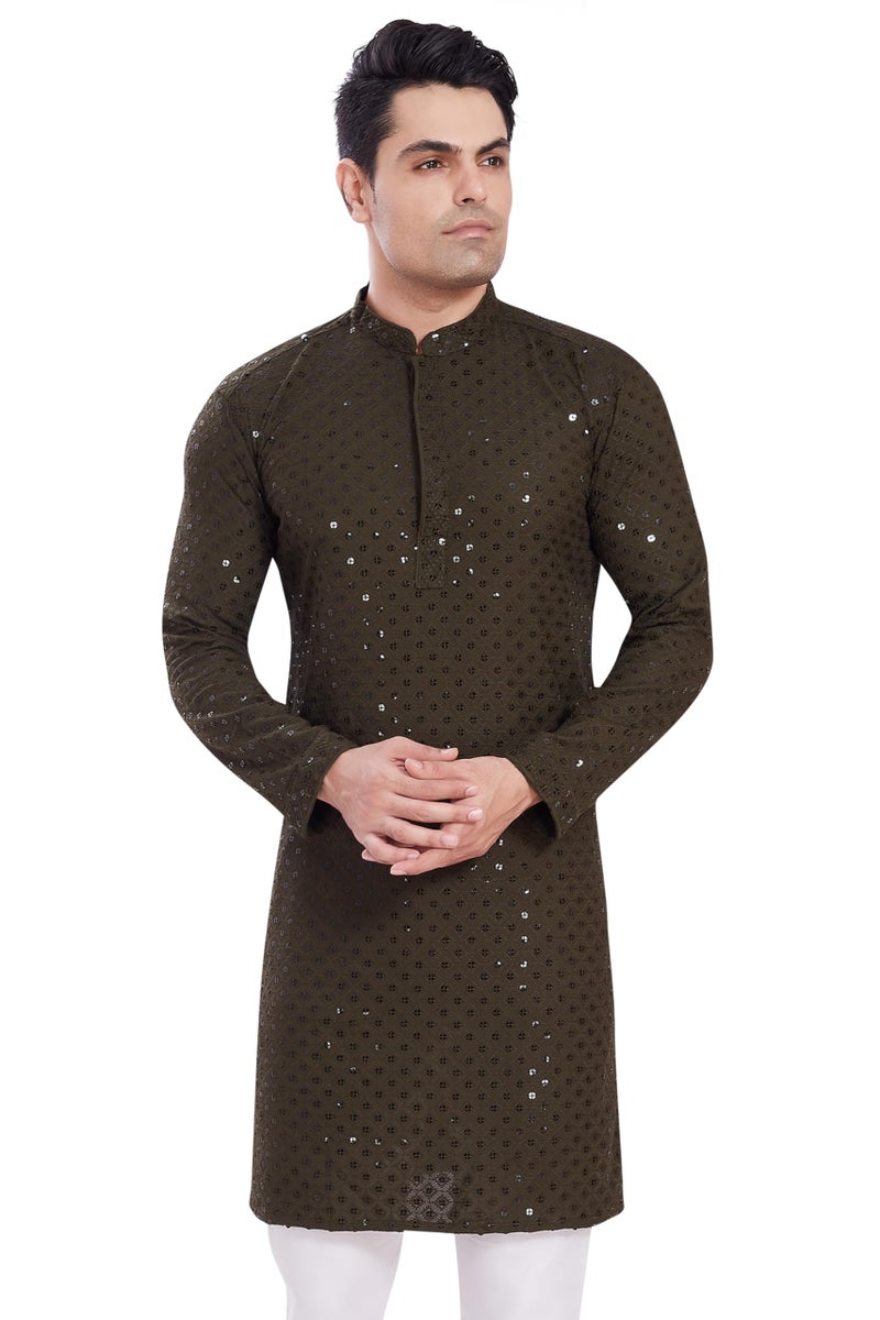 DIVISIVE Men's Sequince Embroidered Cotton Blend Only Slim Fit Kurta (DKRT524_M_Mehndi) - Image 1