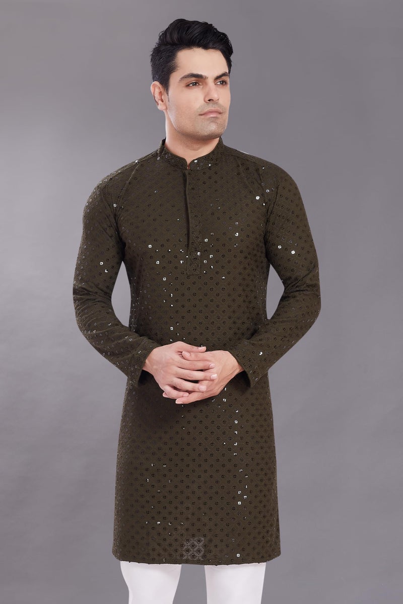 DIVISIVE Men's Sequince Embroidered Cotton Blend Only Slim Fit Kurta (DKRT524_M_Mehndi) - Image 2