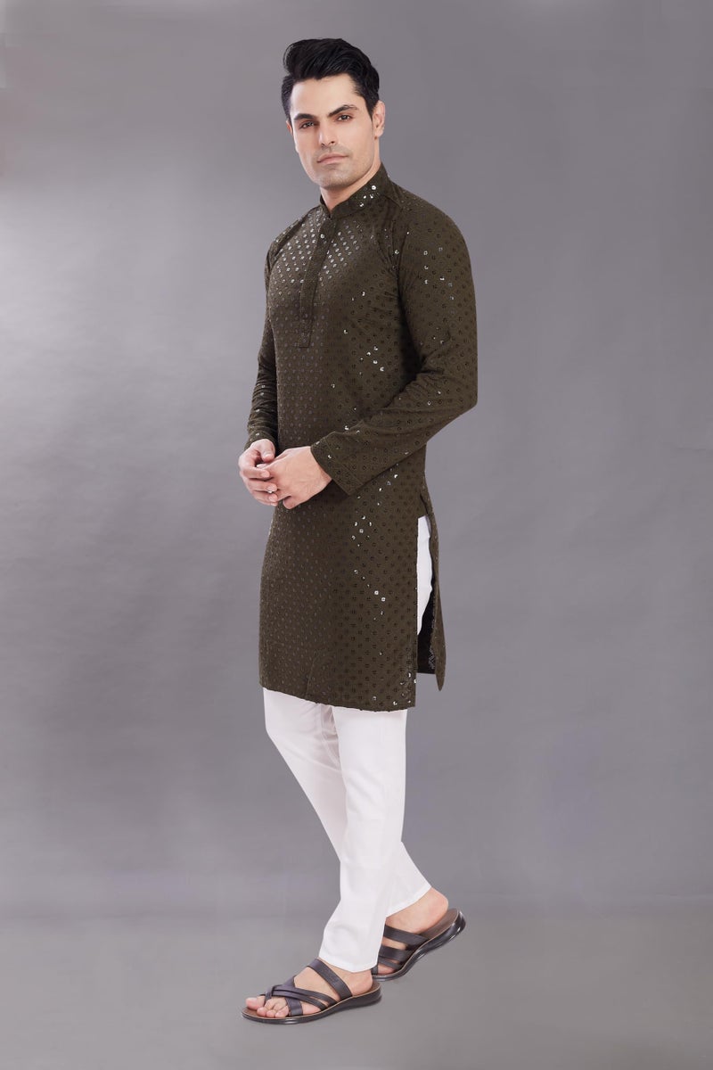 DIVISIVE Men's Sequince Embroidered Cotton Blend Only Slim Fit Kurta (DKRT524_M_Mehndi) - Image 5