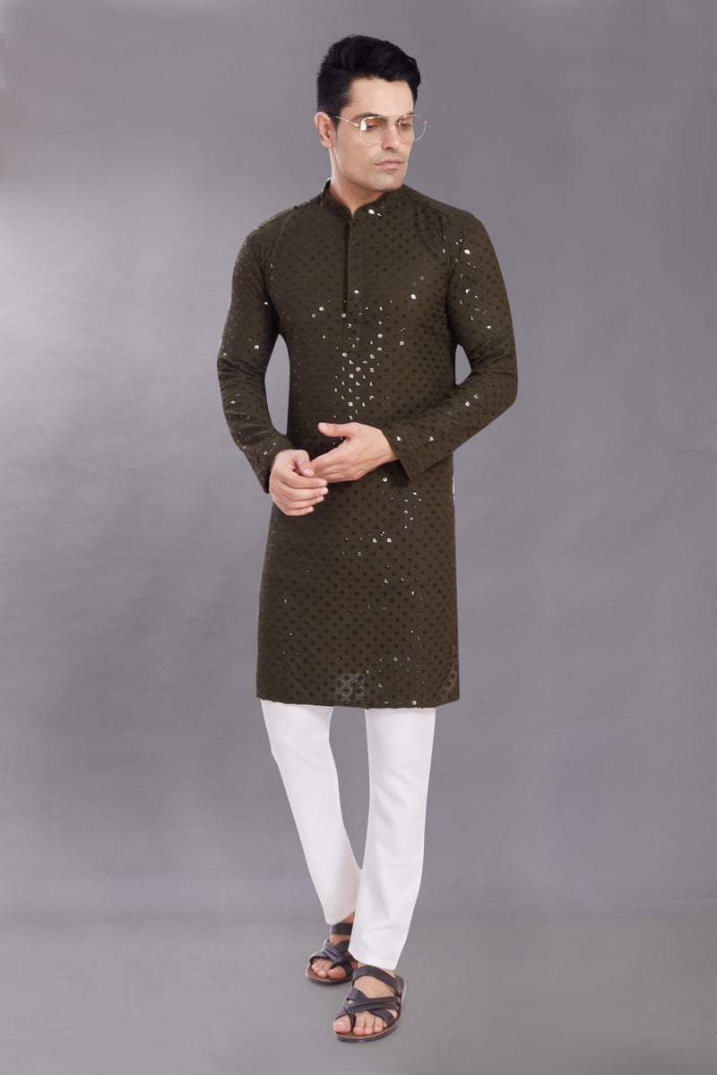 DIVISIVE Men's Sequince Embroidered Cotton Blend Only Slim Fit Kurta (DKRT524_M_Mehndi) - Image 4