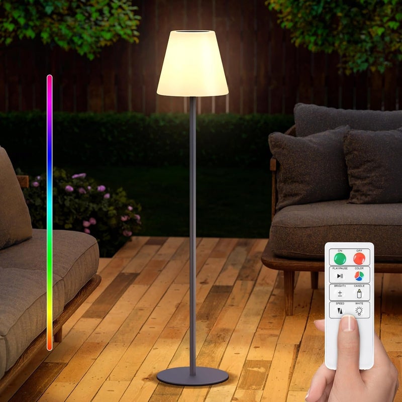 مصباح أرضي خارجي يعمل بالطاقة الشمسية قابل للتعتيم، لاسلكي، قابل لإعادة الشحن عبر USB، RGB وأبيض دافئ LED، مقاوم للماء للاستخدام في الفناء والحديقة والشرفة (قاعدة دائرية ارتفاع 59 بوصة، رمادي) - Image 1