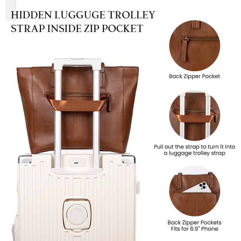 befen Genuine Leather Work Tote Bags For Women Large Tote Bag With Zipper Real Leather Purse With Compartment Vintage Handbags Womens Designer Shoulder And Handbags For Travel Everyday - Image 3