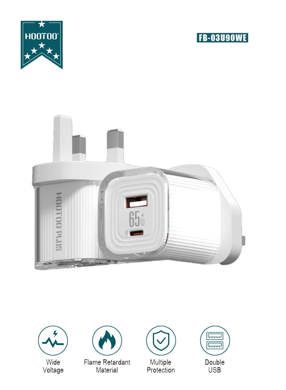 هوتو هوتو شاحن حائطي مزدوج المنفذ USB-C و USB-A بقدرة 65 واط