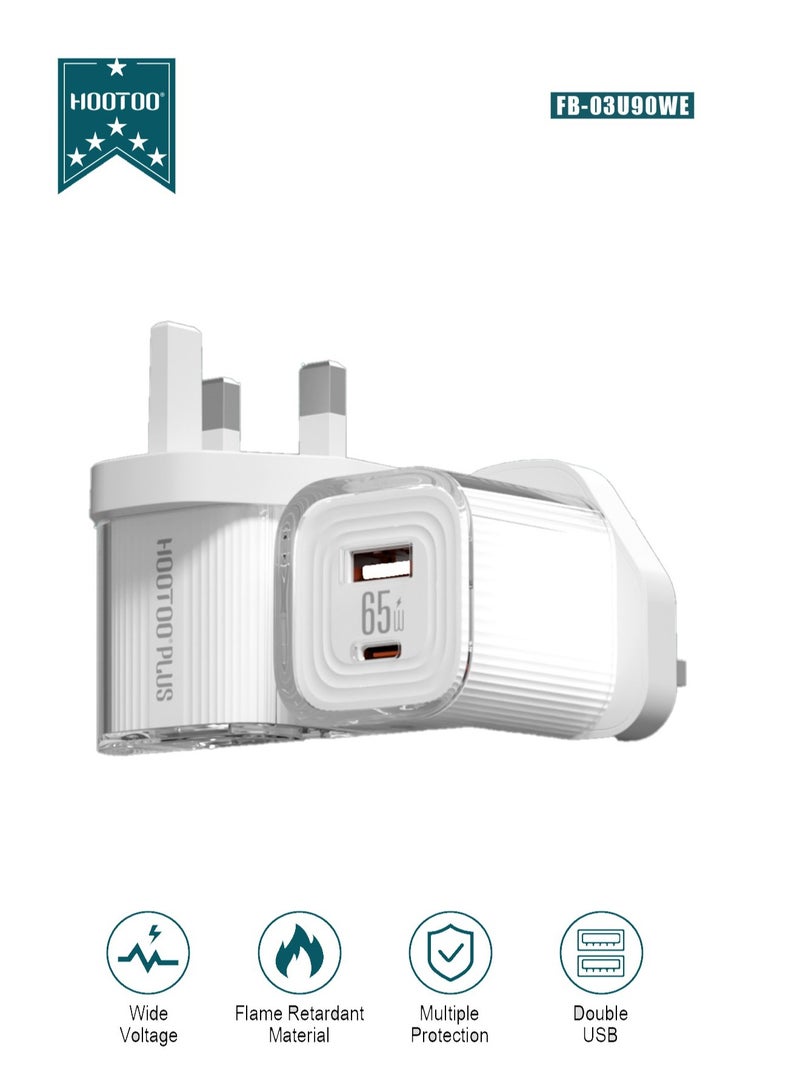 هوتو شاحن بمنفذين PD&USB.فيش تايب سي و يو اس بي بقوة 65واط. شاحن جداري بحجمه الصغير والخفيف. فيش فيه خاصيه الشحن السريع امن لاجهزتك.  شاحن جداري مقدم من براند هوتو بطراز FB-03U90WE. - Image 1