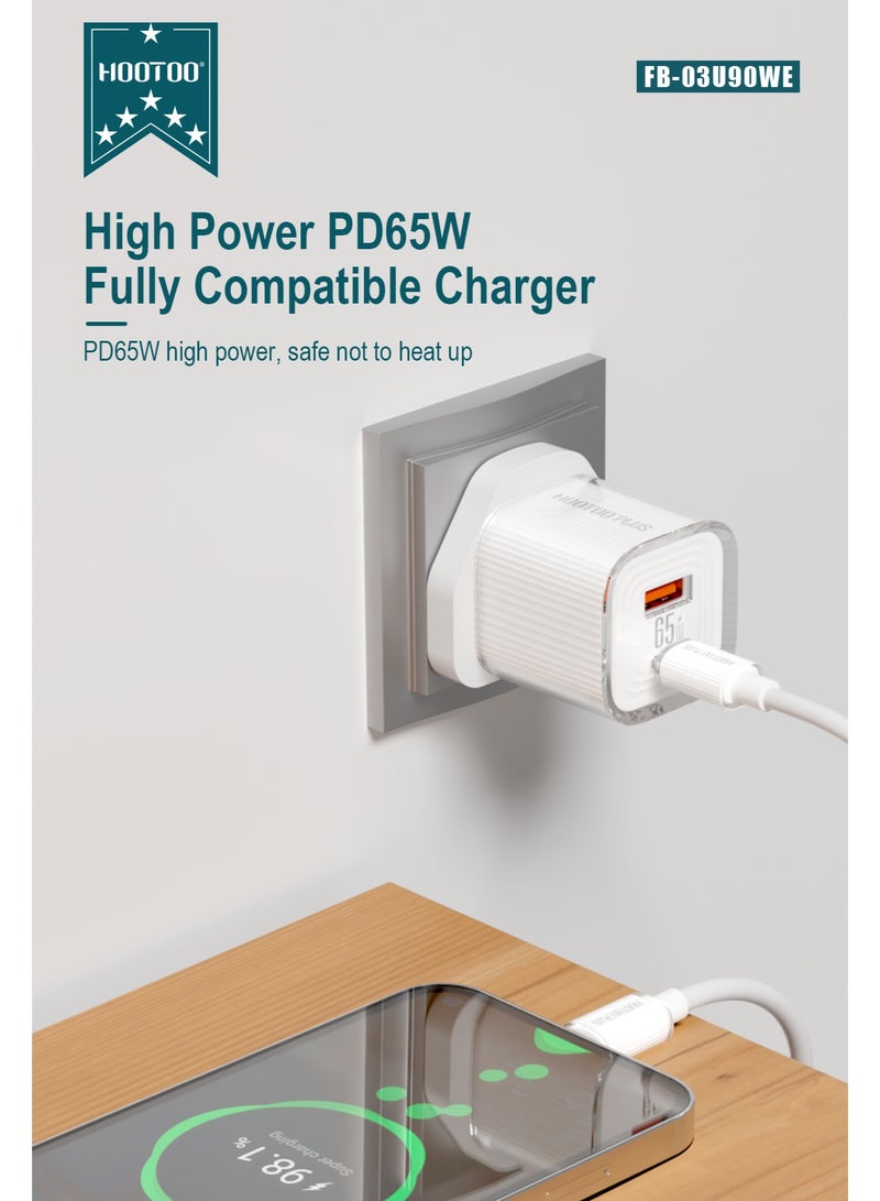 هوتو شاحن بمنفذين PD&USB.فيش تايب سي و يو اس بي بقوة 65واط. شاحن جداري بحجمه الصغير والخفيف. فيش فيه خاصيه الشحن السريع امن لاجهزتك.  شاحن جداري مقدم من براند هوتو بطراز FB-03U90WE. - Image 5