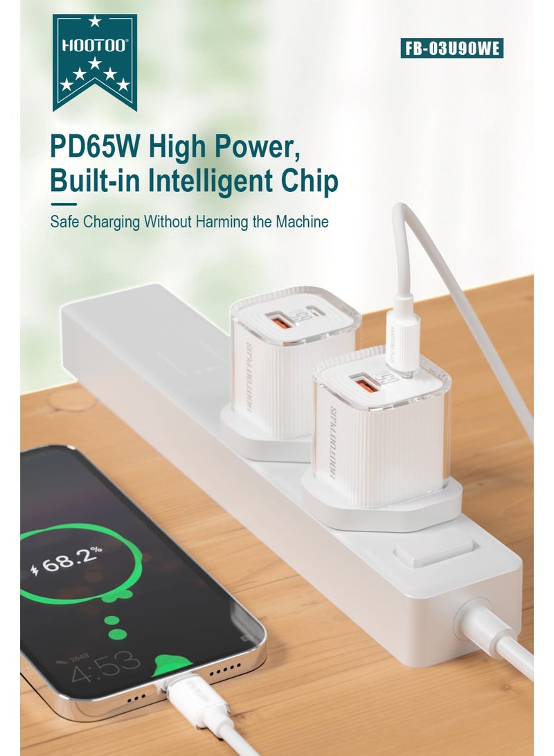 هوتو شاحن بمنفذين PD&USB.فيش تايب سي و يو اس بي بقوة 65واط. شاحن جداري بحجمه الصغير والخفيف. فيش فيه خاصيه الشحن السريع امن لاجهزتك.  شاحن جداري مقدم من براند هوتو بطراز FB-03U90WE. - Image 3