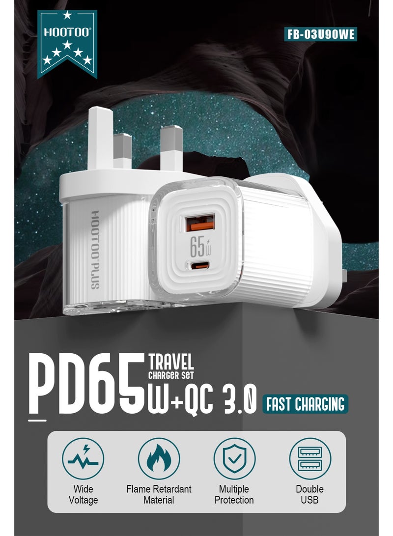 هوتو شاحن بمنفذين PD&USB.فيش تايب سي و يو اس بي بقوة 65واط. شاحن جداري بحجمه الصغير والخفيف. فيش فيه خاصيه الشحن السريع امن لاجهزتك.  شاحن جداري مقدم من براند هوتو بطراز FB-03U90WE. - Image 4
