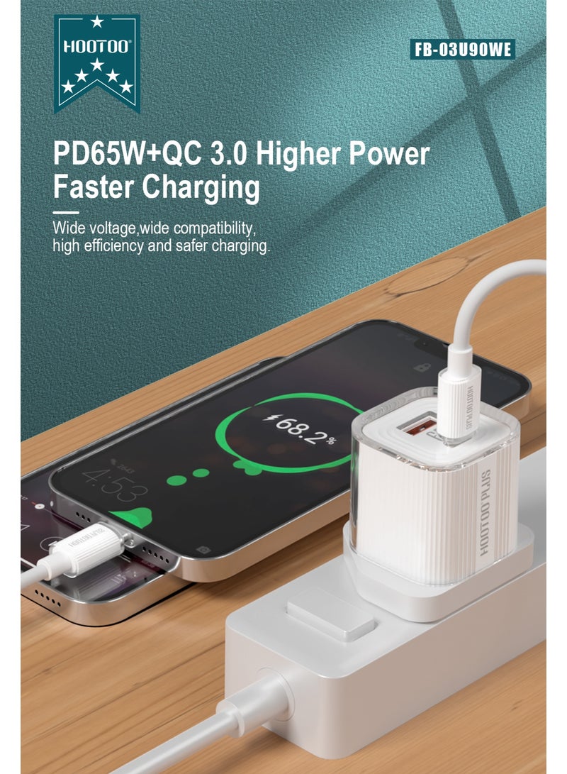 هوتو شاحن بمنفذين PD&USB.فيش تايب سي و يو اس بي بقوة 65واط. شاحن جداري بحجمه الصغير والخفيف. فيش فيه خاصيه الشحن السريع امن لاجهزتك.  شاحن جداري مقدم من براند هوتو بطراز FB-03U90WE. - Image 2