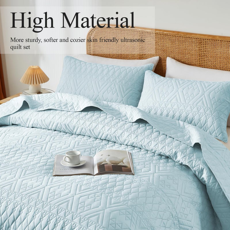 akkialla Full/Queen Size Quilt Bedding Set,Sky Blue Lightweight Microfiber Soft Bedspread,Modern Style Geoetric Pattern Coverlet Set for All Seasons,3 Piece(1 Quilt,2 Pillow Shams) - Image 3