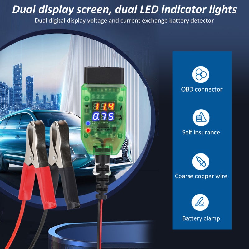 Battery Tester 12V Dual Digital Display Voltage And Current - OBD Connector Battery Analyzer - Built-In Safety Protection Battery Diagnostic Tool For 12V Car Battery Maintenance - Image 2
