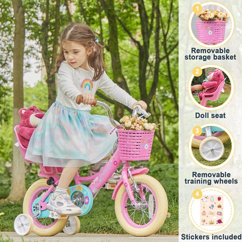 Glerc Maggie Girls Bike, 12 Inch Kids Bike for 2-4 Years Old Children, Princess Style Toddler Bike with Doll-Seat & Basket & Training Wheels, Pink - Image 2