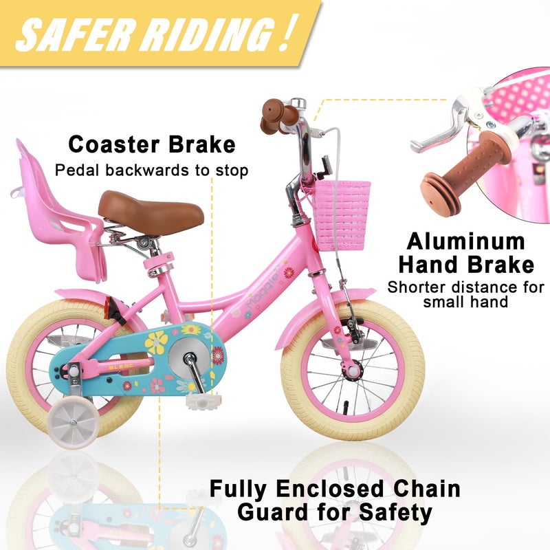 Glerc Maggie Girls Bike, 12 Inch Kids Bike for 2-4 Years Old Children, Princess Style Toddler Bike with Doll-Seat & Basket & Training Wheels, Pink - Image 3