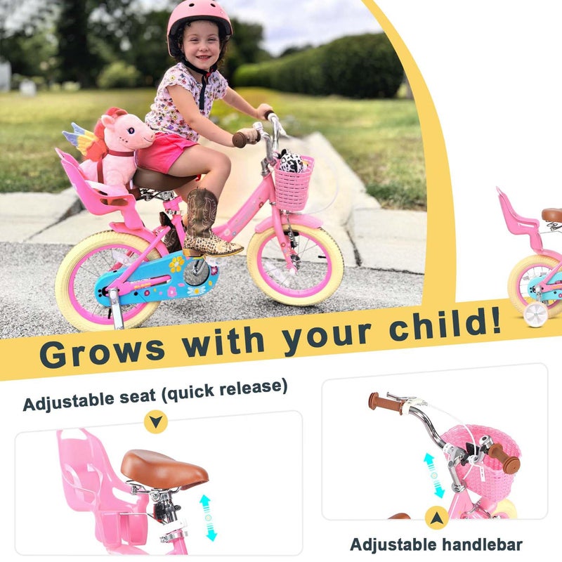 Glerc Maggie Girls Bike, 12 Inch Kids Bike for 2-4 Years Old Children, Princess Style Toddler Bike with Doll-Seat & Basket & Training Wheels, Pink - Image 4