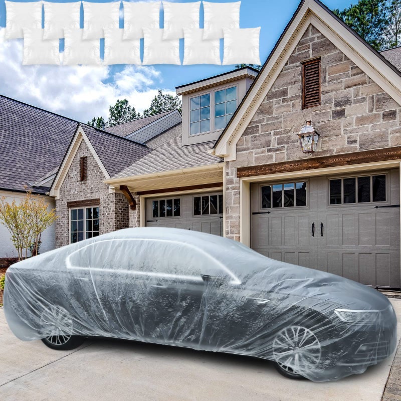 12 Pack Universal Plastic Car Cover Disposable Clear Car Cover with Elastic Band Waterproof Dustproof Car Protective Cover 125 x 213 ft Full Exterior Transparent Car Protector for Sedan