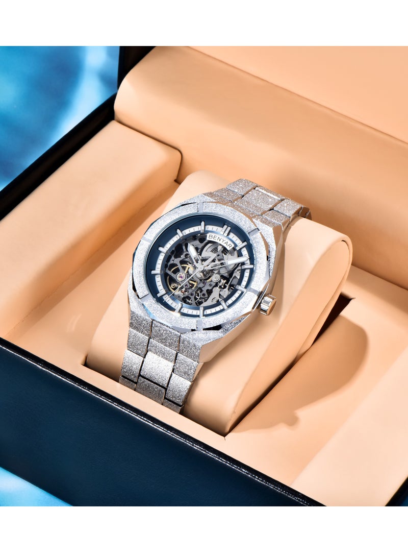 بينيار الرجال ساعة أوتوماتيكية الهيكل العظمي الميكانيكية 41 مللي متر ساعة رجالية مستديرة 30 متر مقاوم للماء مضيئة ساعة معصم هدية للرجال ضوء الفاخرة ساعة اليد عادية - Image 3