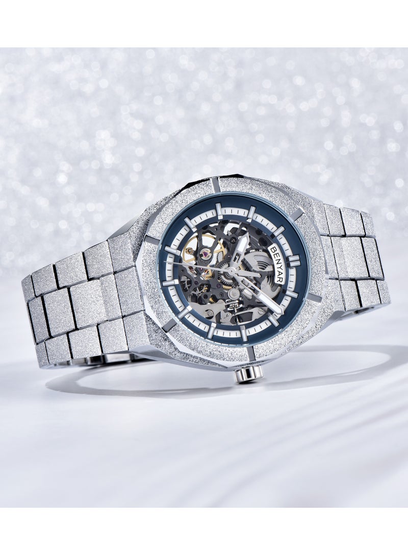 بينيار الرجال ساعة أوتوماتيكية الهيكل العظمي الميكانيكية 41 مللي متر ساعة رجالية مستديرة 30 متر مقاوم للماء مضيئة ساعة معصم هدية للرجال ضوء الفاخرة ساعة اليد عادية - Image 4