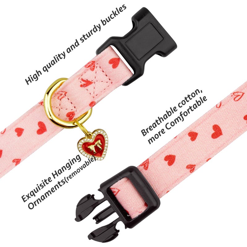 FYEQYAOU Cotton Handmade Dog Collar Cute and Distinctive Patterns Pink Heart with Pendant for Girl Boy Dogs Collars S - Image 2
