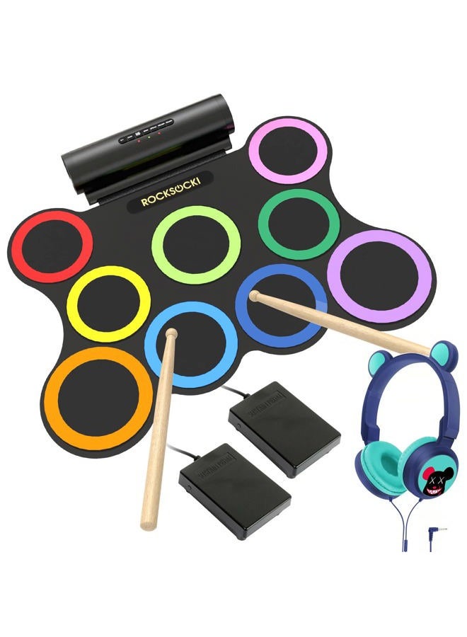 ROCKSOCKI Electric Drum Set 9-Pad With Headphone, Bigger Roll-up Drum Pad USB MIDI Game, Built-in Speaker, Drum Sticks, Foot Pedals 10 Hours Playtime Holiday Xmas Birthday Gift for Kids - Image 1