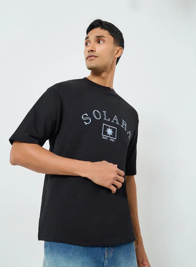 Styli Men Black Embroidered Oversized T-Shirt