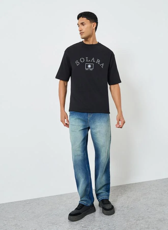 Styli Men Black Embroidered Oversized T-Shirt