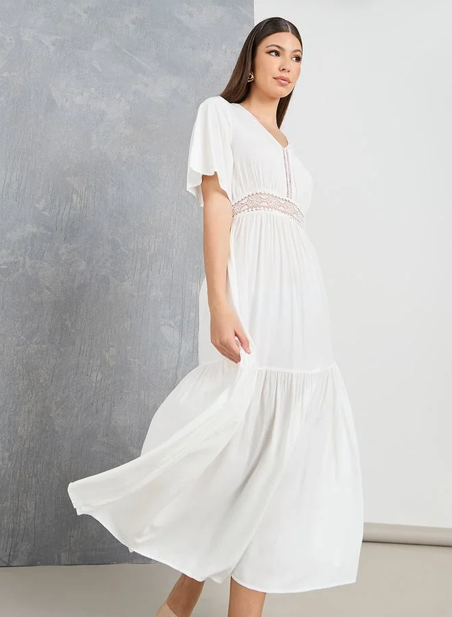 Take Two Lace Insert V Neck A-Line Maxi Dress