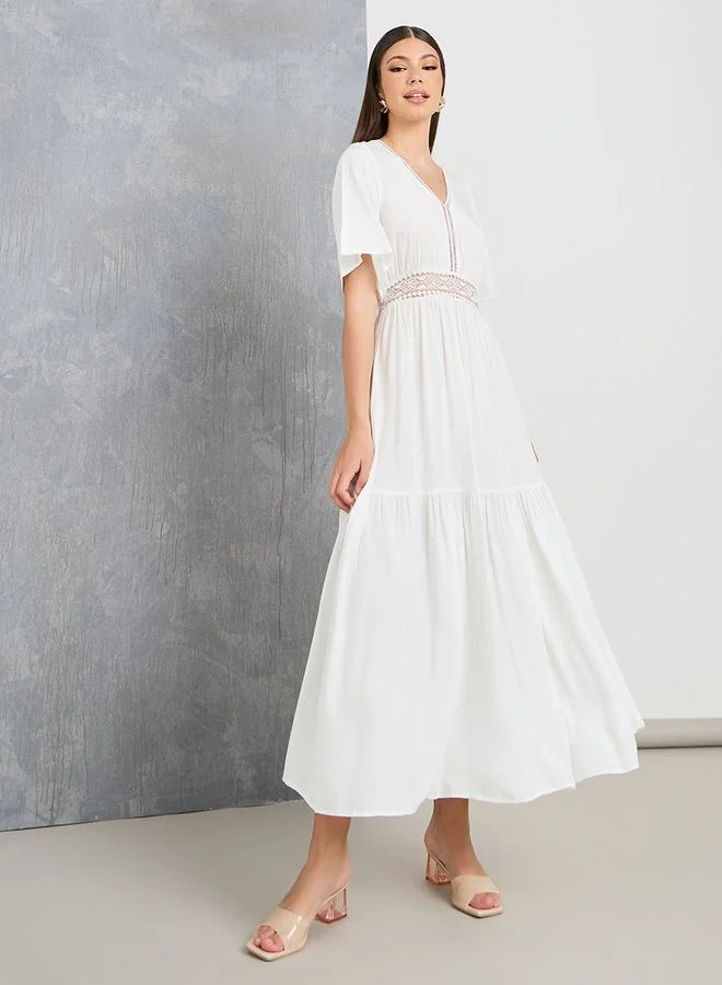 Take Two Lace Insert V Neck A-Line Maxi Dress