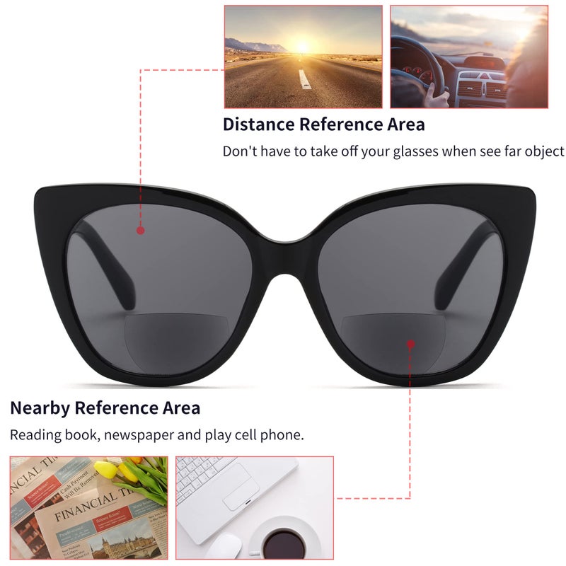 جم JM Classic Bifocal Glasses Eversize Cateye الأنيقة القراء القراء للنساء الأسود +4.0 - Image 4
