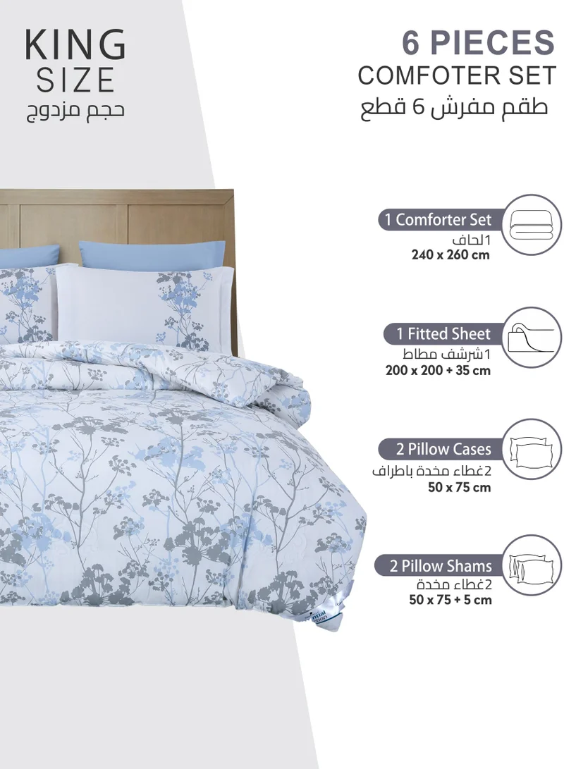 Donetella Printed Comforter Set 6-Pcs King Size All Season Double Bed Fits(200 X 200 Cm)Bedding Set With Removable Filler And Down Alternative Filling, Mercury