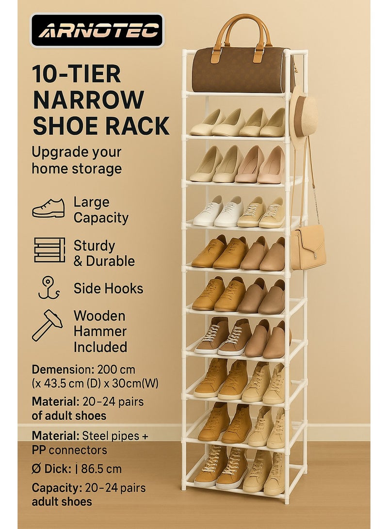ARNOTEC Narrow Shoe Rack 10-Tier Tall Shoe Organizer for Entryway, Closet, and Garage – Space-Saving Metal Shoe Storage Shelf with Hooks for 20-24 Pairs, Stackable & Adjustable, White (200 cm H x 43.5 cm D x 30 cm W) - Image 1