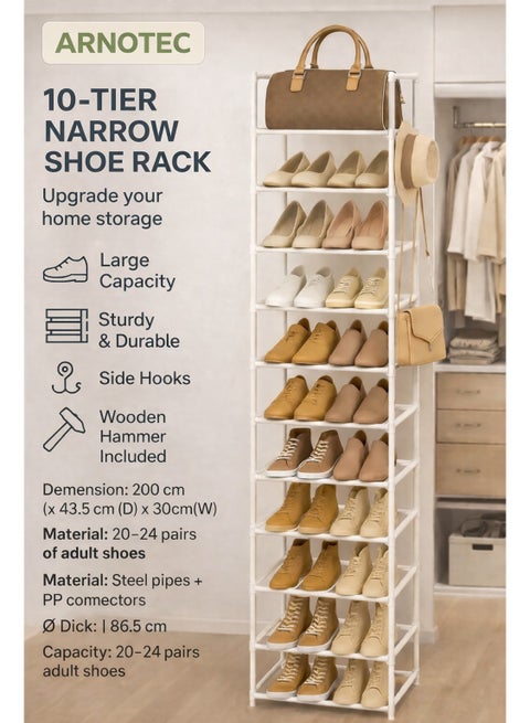 Narrow Shoe Rack 10-Tier Tall Shoe Organizer for Entryway, Closet, and Garage – Space-Saving Metal Shoe Storage Shelf with Hooks for 20-24 Pairs, Stackable & Adjustable, White (200 cm H x 43.5 cm D x 30 cm W)
