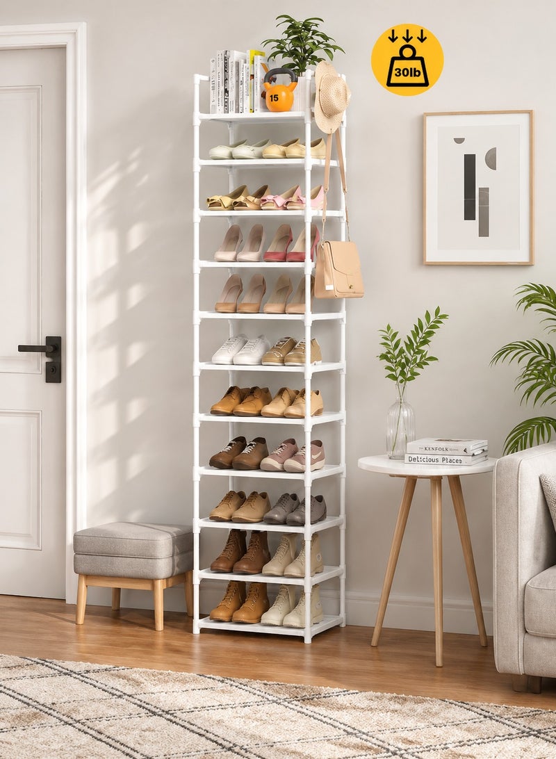 ARNOTEC Narrow Shoe Rack 10-Tier Tall Shoe Organizer for Entryway, Closet, and Garage – Space-Saving Metal Shoe Storage Shelf with Hooks for 20-24 Pairs, Stackable & Adjustable, White (200 cm H x 43.5 cm D x 30 cm W) - Image 5