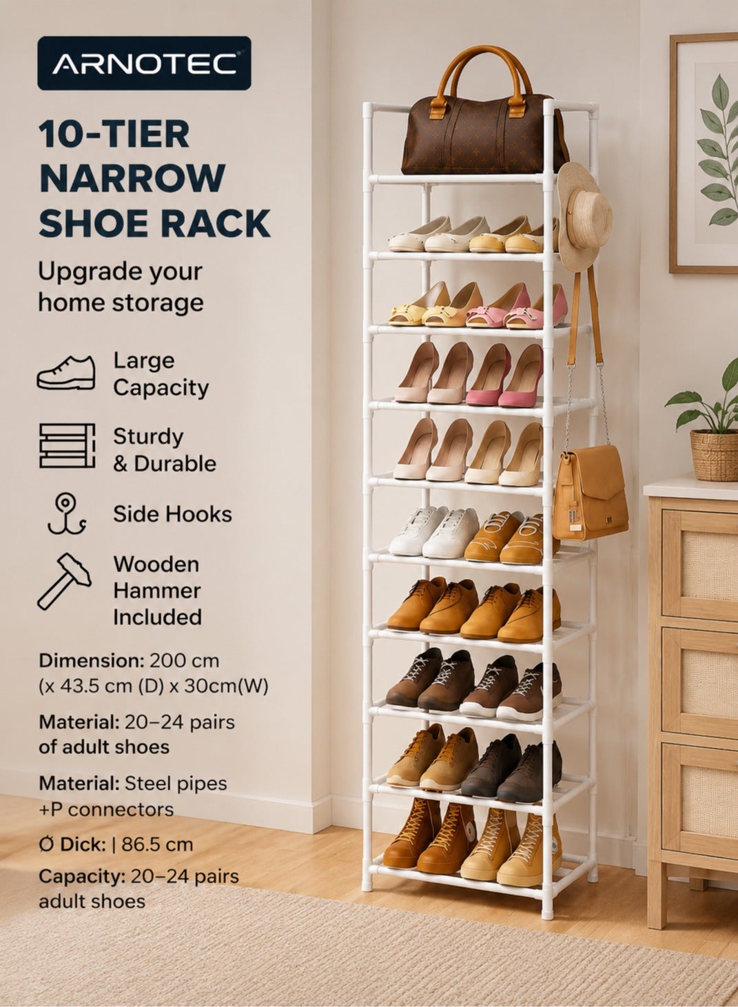 Narrow Shoe Rack 10-Tier Tall Shoe Organizer for Entryway, Closet, and Garage – Space-Saving Metal Shoe Storage Shelf with Hooks for 20-24 Pairs, Stackable & Adjustable, White (200 cm H x 43.5 cm D x 30 cm W)