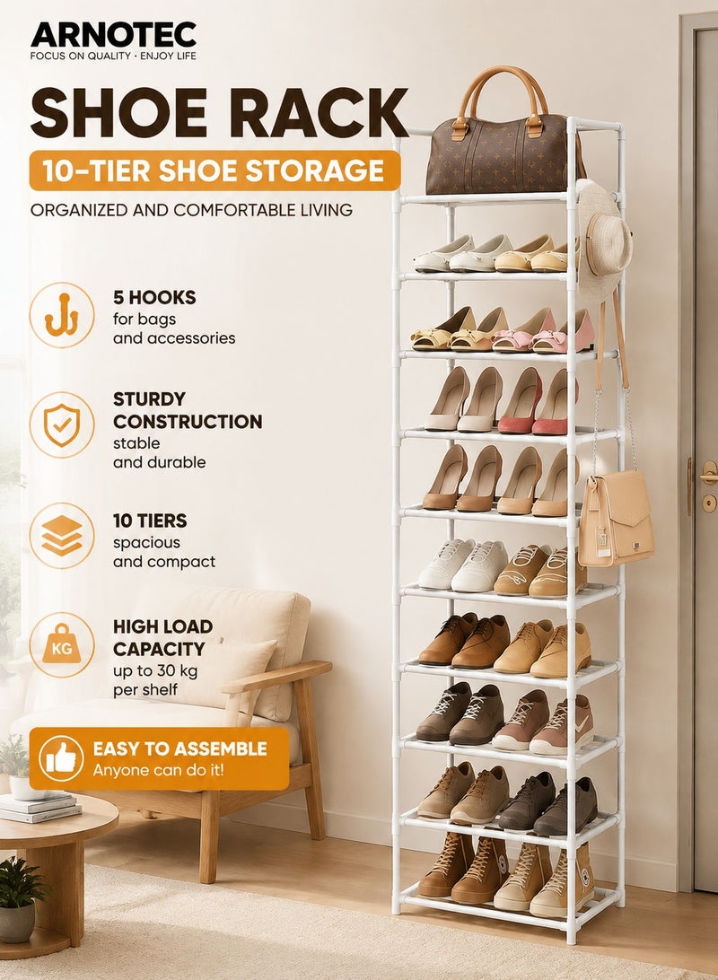 ARNOTEC Narrow Shoe Rack 10-Tier Tall Shoe Organizer for Entryway, Closet, and Garage – Space-Saving Metal Shoe Storage Shelf with Hooks for 20-24 Pairs, Stackable & Adjustable, White (200 cm H x 43.5 cm D x 30 cm W) - Image 1