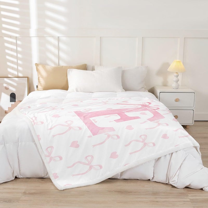 Erosebridal Kids Pink Bow Baby Size Fleece Blanket, Romantic Princess Cartoon Bowknot Sherpa Blanket, Kawaii Monogram E Butterfly Knot Fuzzy Plush Throw, Cute Love Heart Decor for Sofa Couch - Image 2