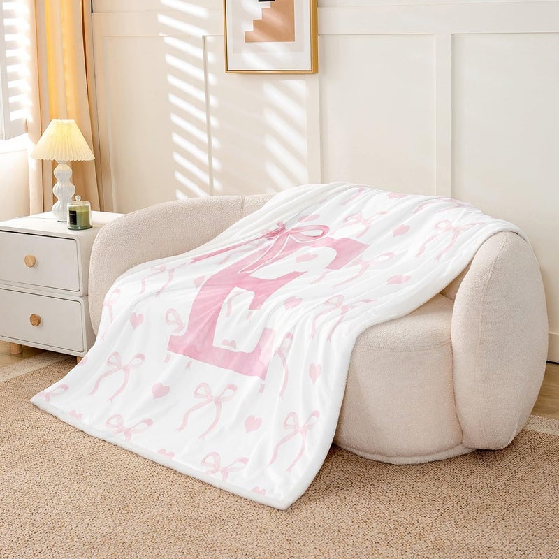 Erosebridal Kids Pink Bow Baby Size Fleece Blanket, Romantic Princess Cartoon Bowknot Sherpa Blanket, Kawaii Monogram E Butterfly Knot Fuzzy Plush Throw, Cute Love Heart Decor for Sofa Couch - Image 3