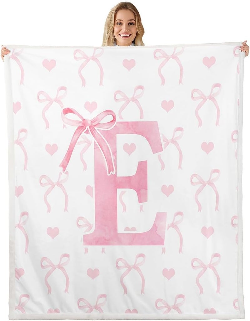 Erosebridal Kids Pink Bow Baby Size Fleece Blanket, Romantic Princess Cartoon Bowknot Sherpa Blanket, Kawaii Monogram E Butterfly Knot Fuzzy Plush Throw, Cute Love Heart Decor for Sofa Couch - Image 1