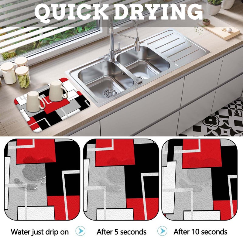 MCALK Geometric Red Dish Drying Mat for Kitchen Counter, Grey Dish Drying Pad with Anti-Slip Rubber Base, Absorbent Kitchen Sink Mat with Modern Art Decor (1 pc 18" x 16") - Image 2