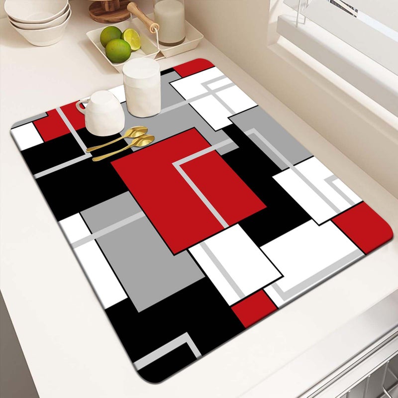 MCALK Geometric Red Dish Drying Mat for Kitchen Counter, Grey Dish Drying Pad with Anti-Slip Rubber Base, Absorbent Kitchen Sink Mat with Modern Art Decor (1 pc 18" x 16") - Image 1