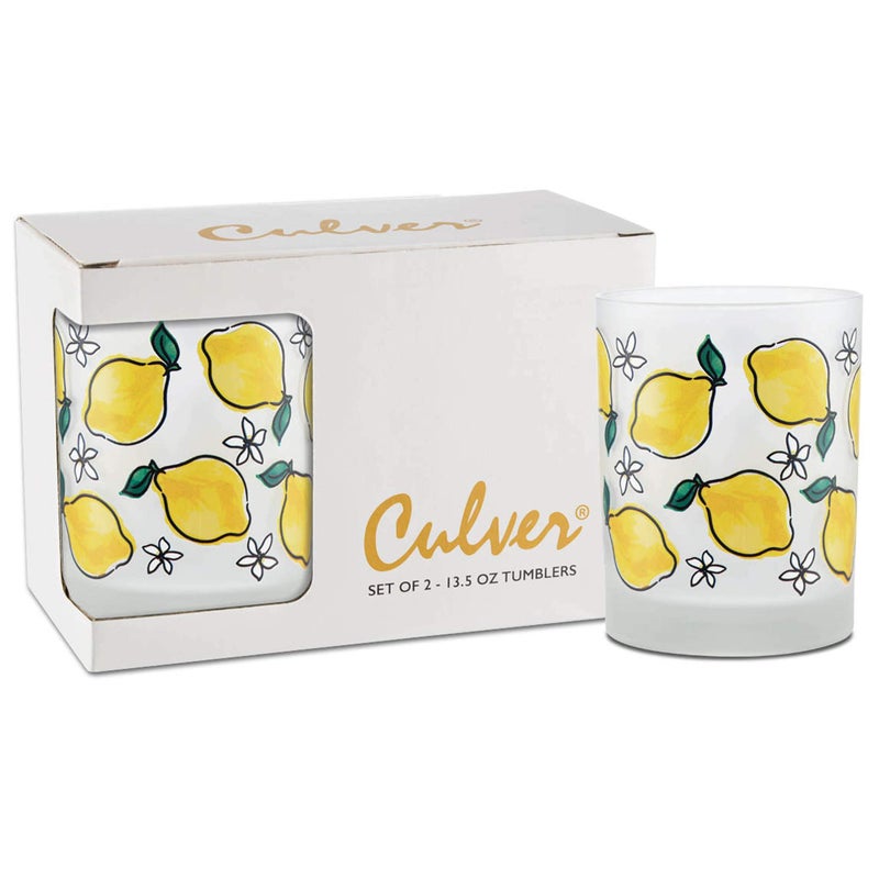 Culver Everyday Decorated Frosted Double Old Fashioned Tumbler Glasses 135Ounce Gift Boxed Set of 2 All Over Lemons