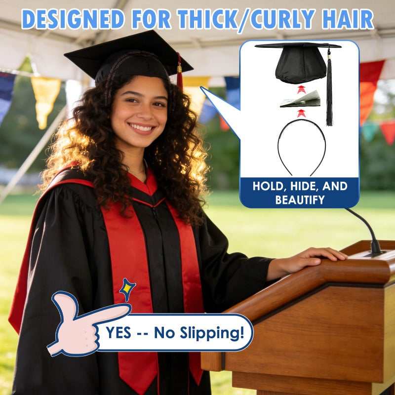 PUNCHMAN 2 Pack Graduation Cap Headband - Lightweight All-Day Comfort Grad Cap Headband Insert - Secure Grad Hat Holder for Curly/Thick Hair - Anti-Slip Removable Graduation Hair Accessories,Black - Image 2