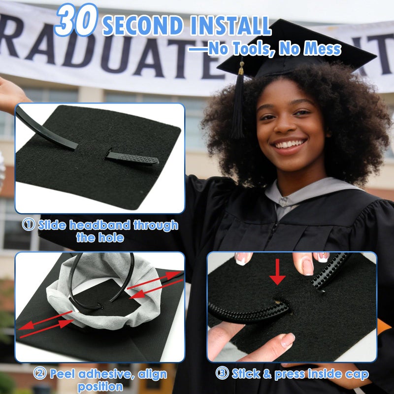 PUNCHMAN 2 Pack Graduation Cap Headband - Lightweight All-Day Comfort Grad Cap Headband Insert - Secure Grad Hat Holder for Curly/Thick Hair - Anti-Slip Removable Graduation Hair Accessories,Black - Image 5