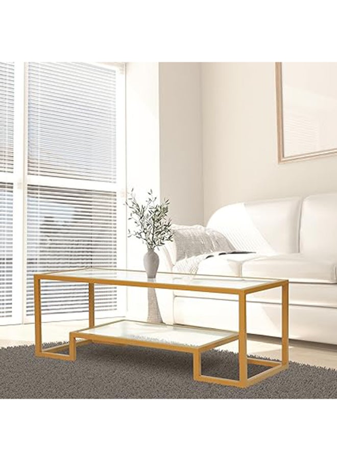 RIGID Steel Geometric Coffee Table with Storage Shelf & Glass Top Gold 43.5x114x50cm  - Image 1