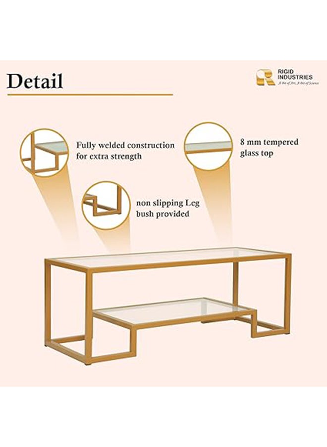 RIGID Steel Geometric Coffee Table with Storage Shelf & Glass Top Gold 43.5x114x50cm  - Image 3